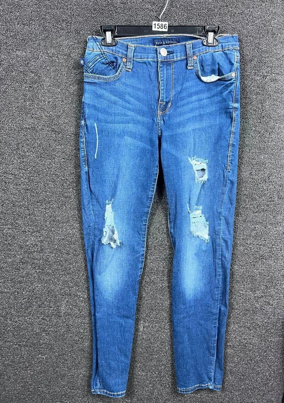 Rock & Republic Berlin Skinny Jeans Womens 12M Blue Denim Distressed Mid Rise